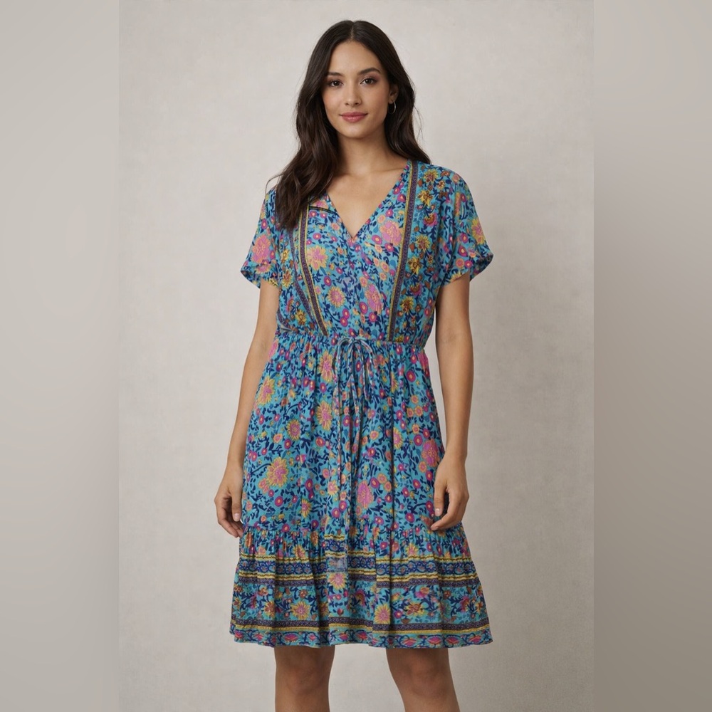 Zesica Blue Boho Floral Short Sleeve Tie Waist Tiered Peasant Mini Dress Sz M